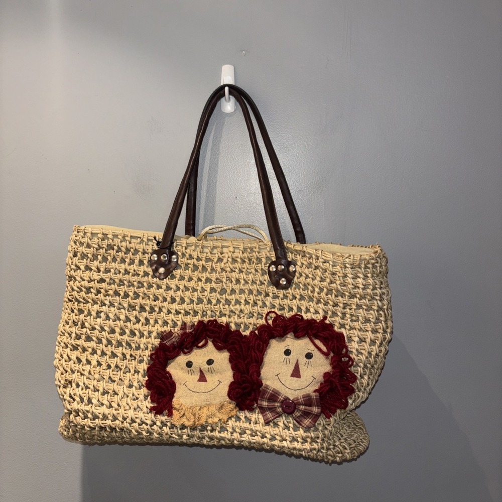 Woven Large Straw Tote Drawstring Lining Raggedy‎ Ann & Andy Appliqué Artsy